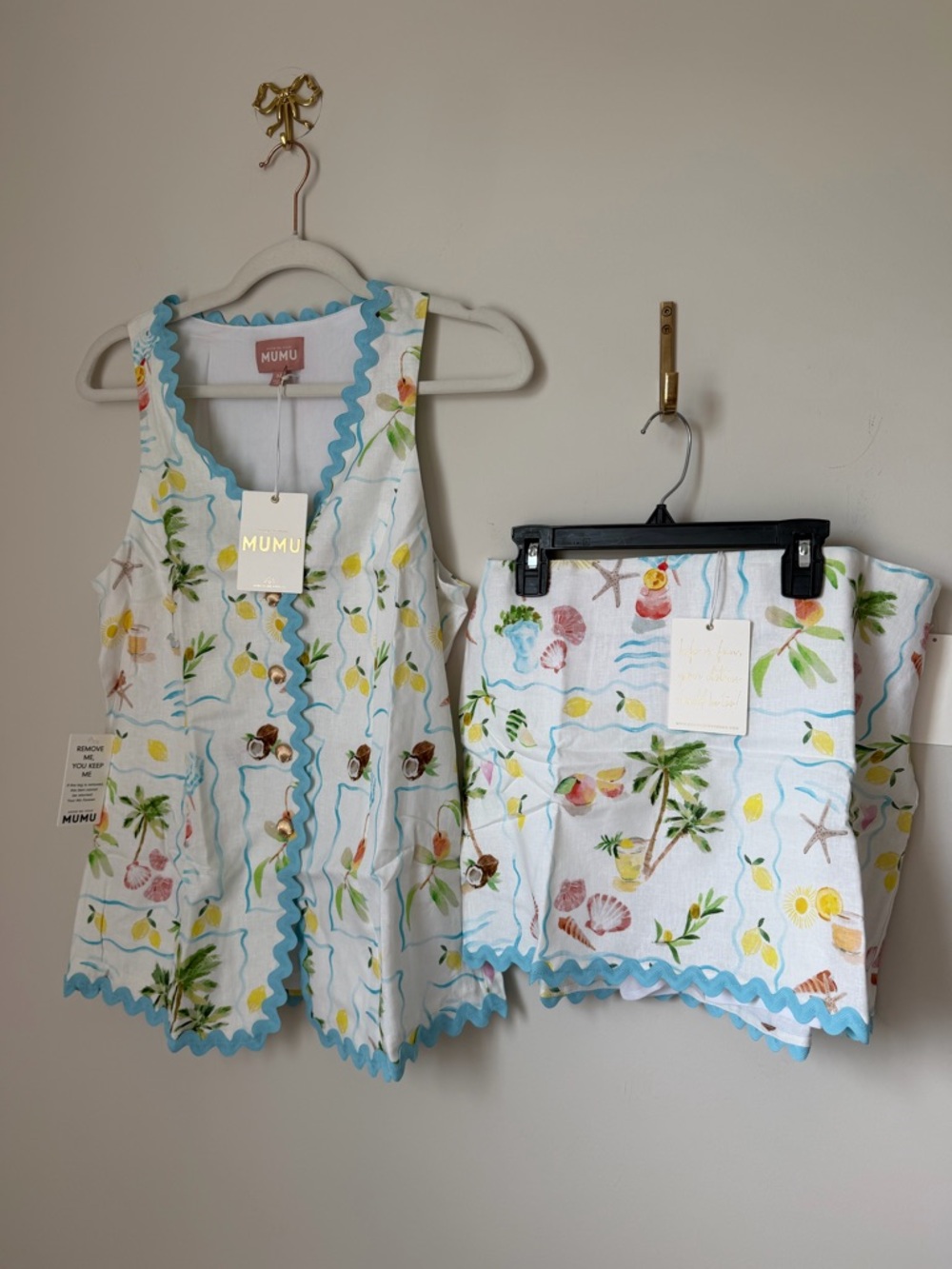 Show Me Your Mumu Tropical White vest top and skirt Two-Piece Set with Blue trim